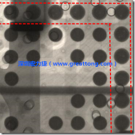 BGA錫球尺寸小于0.4mm，采用降低BGA內(nèi)圍襲球的錫膏量所得到X-Ray，稍微留意一下可以發(fā)現(xiàn)最外圈的錫量(圓的直徑)比其他內(nèi)圍的錫球上的錫量來得多一點(diǎn)點(diǎn)。也就是外圈的黑色圓形直徑比內(nèi)圈的圓形來得大一點(diǎn)點(diǎn)。