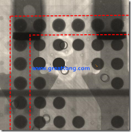 BGA錫球尺寸小于0.4mm，采用降低BGA內(nèi)圍襲球的錫膏量所得到X-Ray，稍微留意一下可以發(fā)現(xiàn)最外圈的錫量(圓的直徑)比其他內(nèi)圍的錫球上的錫量來得多一點(diǎn)點(diǎn)。也就是外圈的黑色圓形直徑比內(nèi)圈的圓形來得大一點(diǎn)點(diǎn)。