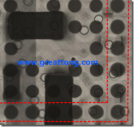 BGA錫球尺寸小于0.4mm，采用降低BGA內(nèi)圍襲球的錫膏量所得到X-Ray，稍微留意一下可以發(fā)現(xiàn)最外圈的錫量(圓的直徑)比其他內(nèi)圍的錫球上的錫量來得多一點(diǎn)點(diǎn)。也就是外圈的黑色圓形直徑比內(nèi)圈的圓形來得大一點(diǎn)點(diǎn)。