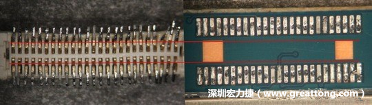 把板對板連接器與其電路板的佈線焊墊作一個比較，端子的切斷面有毛邊的地方剛好對到了裸銅區(qū)。