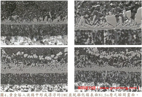 下面四張圖片為放大4500倍的SEM圖像，說明在回流焊爐熱量不足的情況下，黃金成份正要從鎳層分離融入焊錫之中的瞬間，當(dāng)零件遭受外力沖擊的時候就極有可能從這一整排AuSn、、AuSn2或AuSn4的IMC處裂開。