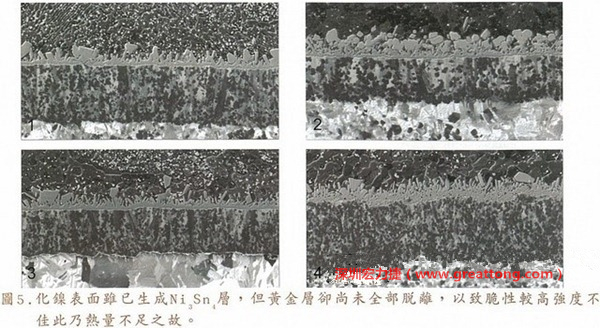 下面四圖顯示，當(dāng)焊接的熱量不足或未持續(xù)時，雖然Ni3Sn4的薄薄IMC層已經(jīng)生成而焊牢，但也會因為AuSn及AuSn2還未來得及逸走，而停留在共金介面附近，當(dāng)有外力拉扯的時候，就很容易斷裂開來。這就是為何ENIG的焊點強度，始終不如銅面焊點(Cu6Sn5)來得更為牢固的主因之一。