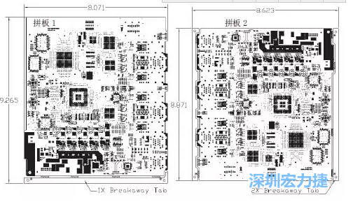 如圖7所示是使用不同數(shù)量邊條的拼板，拼板1僅使用了一個(gè)邊條，直接利用PCB另一邊作為SMT工藝傳送邊，并且PCB圖形中有合適的安裝孔；而拼板2則是按常規(guī)設(shè)計(jì)了兩個(gè)邊條。拼板方式為連接筋。圖中“Breakaway Tab”指邊條-深圳宏力捷