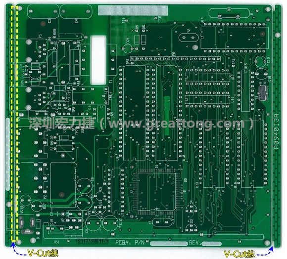 所謂【V-cut】是印刷電路板(PCB)廠商依據客戶的圖紙要求,事先在PCB的特定位置用轉盤刀具切割好的一條條分割線,其目的是為了方便后續(xù)SMT電路板組裝完成后的「分板(De-panel)」之用,因為其切割后的外型看起來就像個英文的【V】字型,因此得名。
