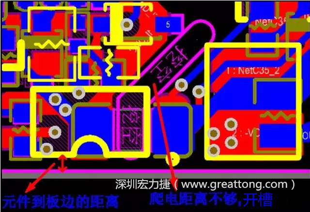 如果碰到模塊PCB空間有限，爬電距離不夠，可以采用開槽的方式