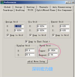  改銅皮的填充網(wǎng)格Global→Design Units，填充方向Drafting→Direction；Hatch Grid中Copper此數(shù)值為大銅箔中所填充的線條中心到中心的距離。