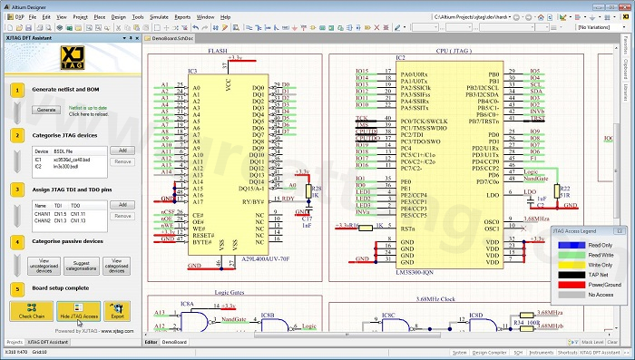 XJTAG DFT Assistant的Access Viewer模式可以清楚地顯示可用的測(cè)試存取層級(jí)，讓電路板設(shè)計(jì)人員在展開(kāi)PCB布局以前的原理圖擷取階段盡可能地提高測(cè)試存取能力