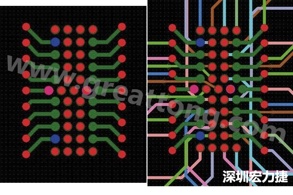 圖7：焊盤(pán)內(nèi)過(guò)孔用于內(nèi)部，而外部接腳在0.5mm閘格上扇出。圖7a顯示的是頂層(左)；圖7b顯示頂層和內(nèi)部布線層(右)。