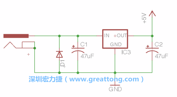 新增RBBB→Power_Jack，將它放在電壓調(diào)整器的輸入端旁邊。
