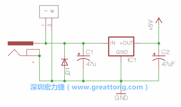 2.5.    新增一個二極體，它會以水平的狀態(tài)出現(xiàn)在屏幕上，請使用「旋轉(zhuǎn)（Rotate）」工具把它負極那一面朝上，并且用「網(wǎng)絡(luò)連接」工具將它連接在電壓調(diào)整器的輸入端和接地端之間。