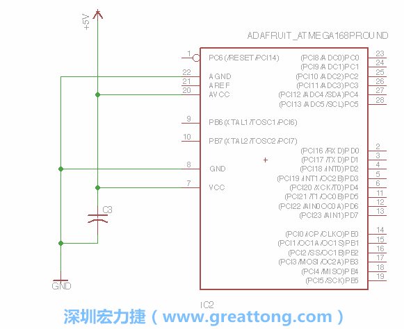 3.1.    新增微控制器晶片（RBBB → ATmega），把它放在電路原理圖的中央附近，把它的兩個接地接頭連接到接地訊號端。