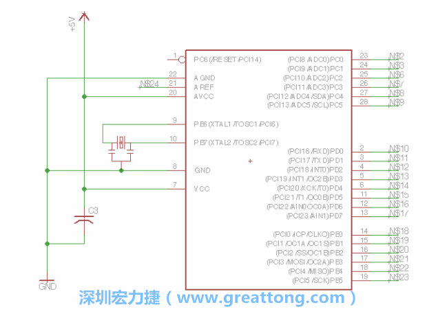3.3.    將共鳴器（resonator）放置在針腳9和針腳10附近，將它的三個針腳連接如圖所示，并確認最中間的針腳有連到接地端。