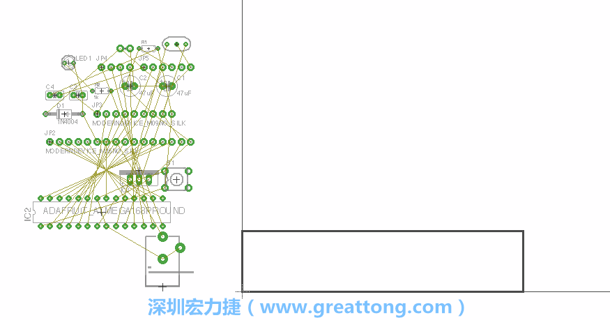 第一次執(zhí)行布線編輯器時(shí)，你會(huì)發(fā)現(xiàn)有兩個(gè)區(qū)塊，左邊的區(qū)塊非?；靵y，而右邊的區(qū)塊則是一個(gè)長(zhǎng)方形的工作區(qū)域，EAGLE免費(fèi)版會(huì)限制你的工作區(qū)域在4” x 3.2”的范圍內(nèi)，如果你試圖將元件擺放在工作區(qū)外的話，就會(huì)跳出警示訊息。