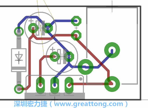 接地連結(jié)點(diǎn)的布線情形如下圖所示，利用這個(gè)練習(xí)來避免電路連線銳角化的產(chǎn)生是一個(gè)不錯(cuò)的選擇，你可以在工具列中的彎曲線路（Wire Bend）選項(xiàng)里改變各種布線的變化。