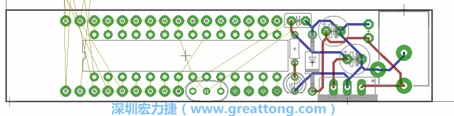 將ATmega微控制器、三個(gè)GPIO排針（JP2, JP3, JP4）和諧振器（resonator）排置如上圖所示。