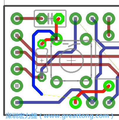 要在電路板正面進(jìn)行+5V信號(hào)線連結(jié)和其他連結(jié)點(diǎn)的布線工作是非常容易的，而重置信號(hào)線（信號(hào)線用來連結(jié)電路板正面左邊的重置開關(guān)）需要經(jīng)過一個(gè)可以通過電路板正反兩面的電路通道，這個(gè)通道是一個(gè)可以讓電路板正反兩面線路連接的一個(gè)小孔。
