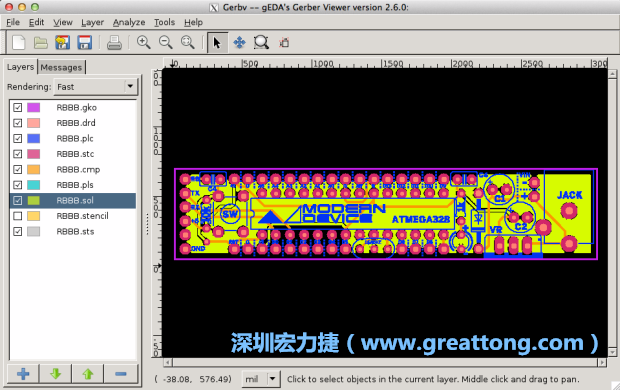 將圖層匯入你的Gerber預覽工具內(nèi)（下圖為Gerbv），我通常會從上到下重新排列它們的順序，好讓我比較好校對：