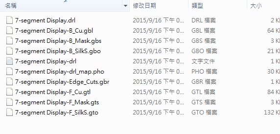 所謂Gerber檔，其實是包含一群檔案 (如下圖所示)，如包含正反面銅箔層 F.Cu B.Cu.，正反面文字面 F.Silkscreen ，B.Silkscreen，防焊層 SolderMask、板邊裁切Edge.Cuts 等。