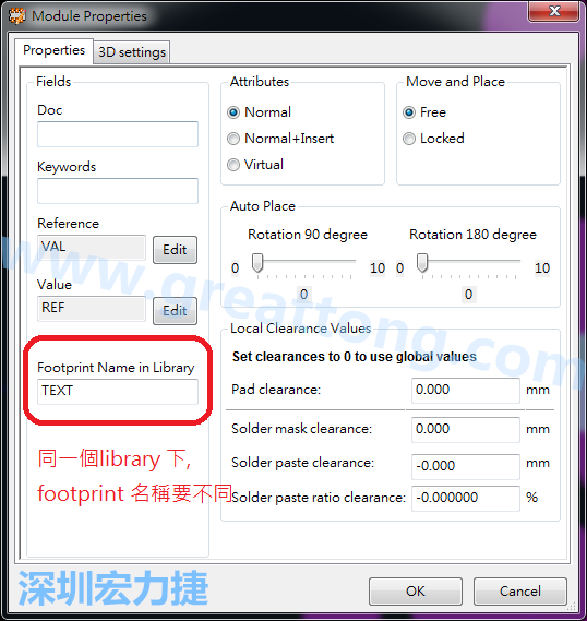 也可以取出active library 中的某一個(gè)footprint 拿來(lái)修改再存回或者重新另存一個(gè)新的footprint， 但這個(gè)新的footprint 要取別的名字， 因?yàn)樵谕粋€(gè)Library檔，每一個(gè)footprint 都有自己唯一命名。