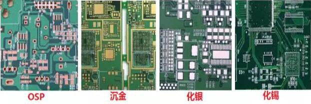 表面工藝分：熱風整平，沉金， 化銀， 化錫， OSP 等幾種表面工藝