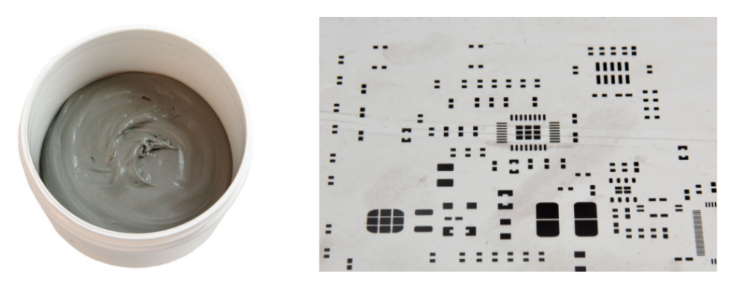 焊膏（左），PCB模板激光切割孔（右）